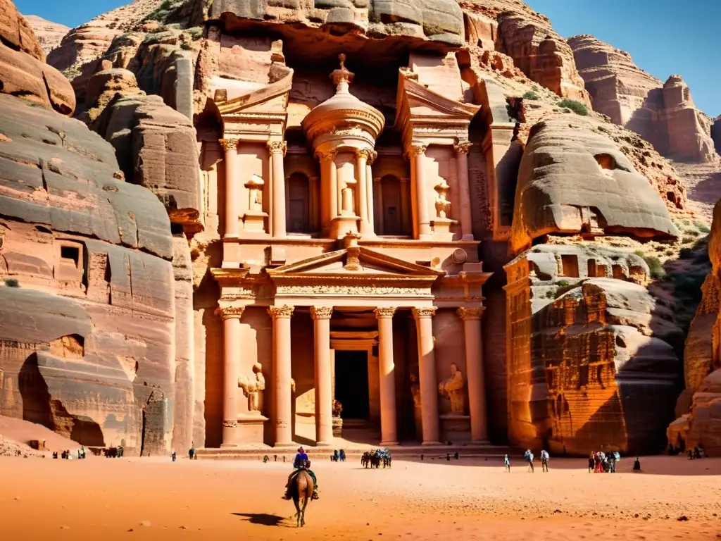 La majestuosa ciudad antigua de Petra al atardecer, con el Tesoro iluminado por el sol