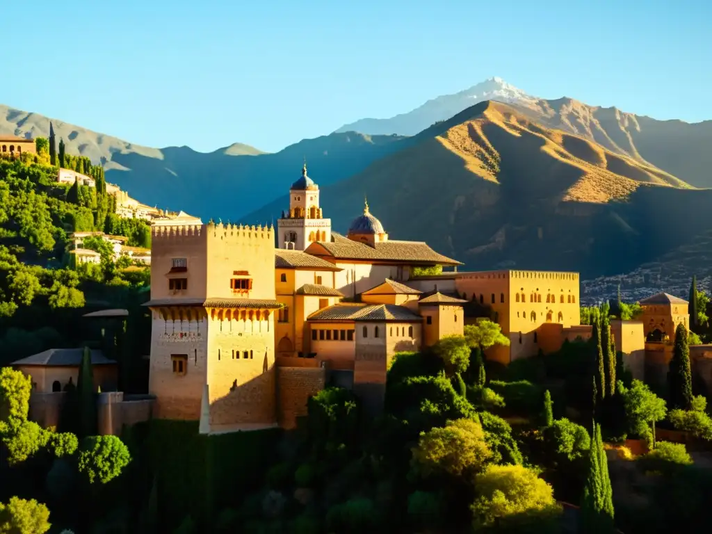 La majestuosa Alhambra de Granada, con detalles intrincados y jardines vibrantes, evoca la historia islámica en España durante la Reconquista