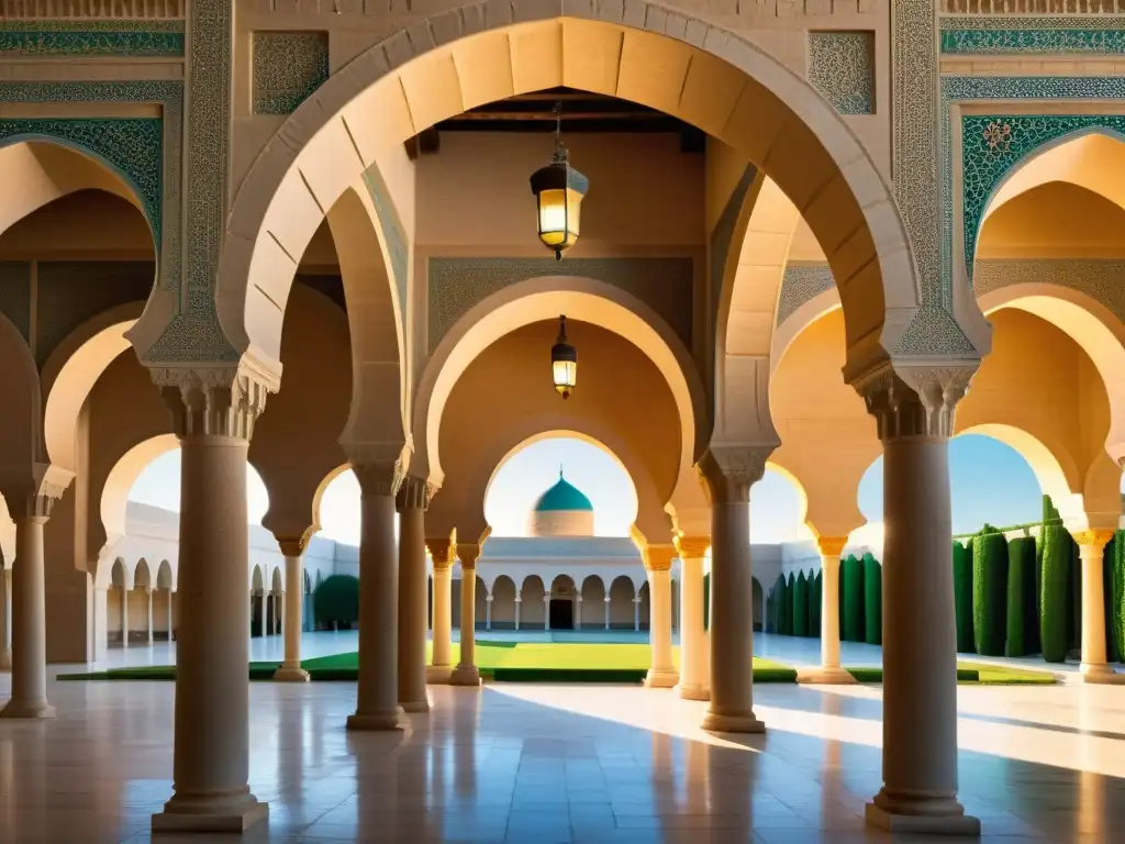 La majestuosa Gran Mezquita de Kairouan, con detalles intrincados y luz cálida, evoca la grandeza de la arquitectura Aglábida en el norte de África