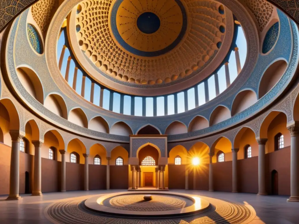 Una majestuosa imagen fotorrealista de un antiguo observatorio islámico, bañado por la cálida luz del sol poniente