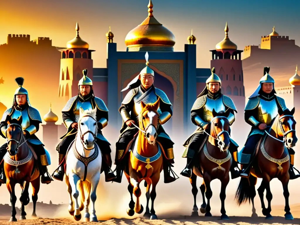 Majestuosa imagen de Genghis Khan y su ejército a caballo, conquistando una ciudad islámica al atardecer