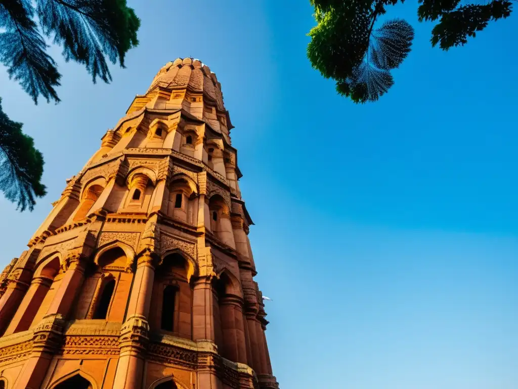 La majestuosa influencia islámica en la arquitectura india del Qutub Minar, con detalles ornamentales y visitantes, bajo un cielo azul claro