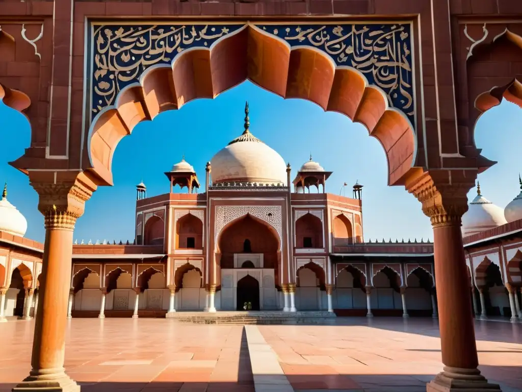 La majestuosa influencia islámica en la arquitectura de la India se refleja en la fachada detallada de la mezquita Jama Masjid en Delhi, con sus arcos, minaretes, y hermosas sombras bajo el cálido sol