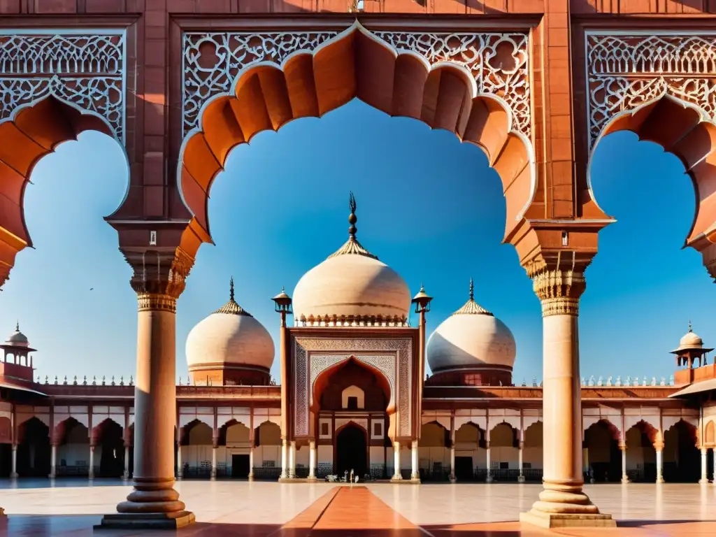 La majestuosa Jama Masjid en Delhi, India, destaca por su detallada arquitectura de mármol y arenisca roja, bajo un cielo azul