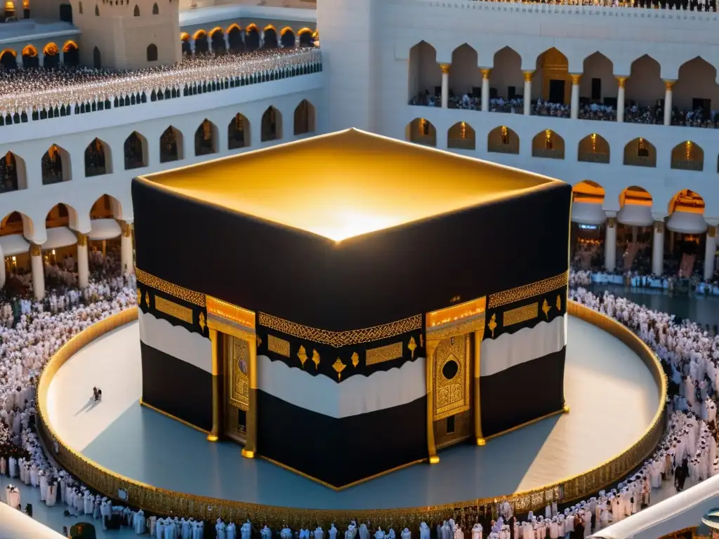 La majestuosa Kaaba iluminada por el atardecer en Mecca, evocando el nacimiento del Islam en su contexto histórico