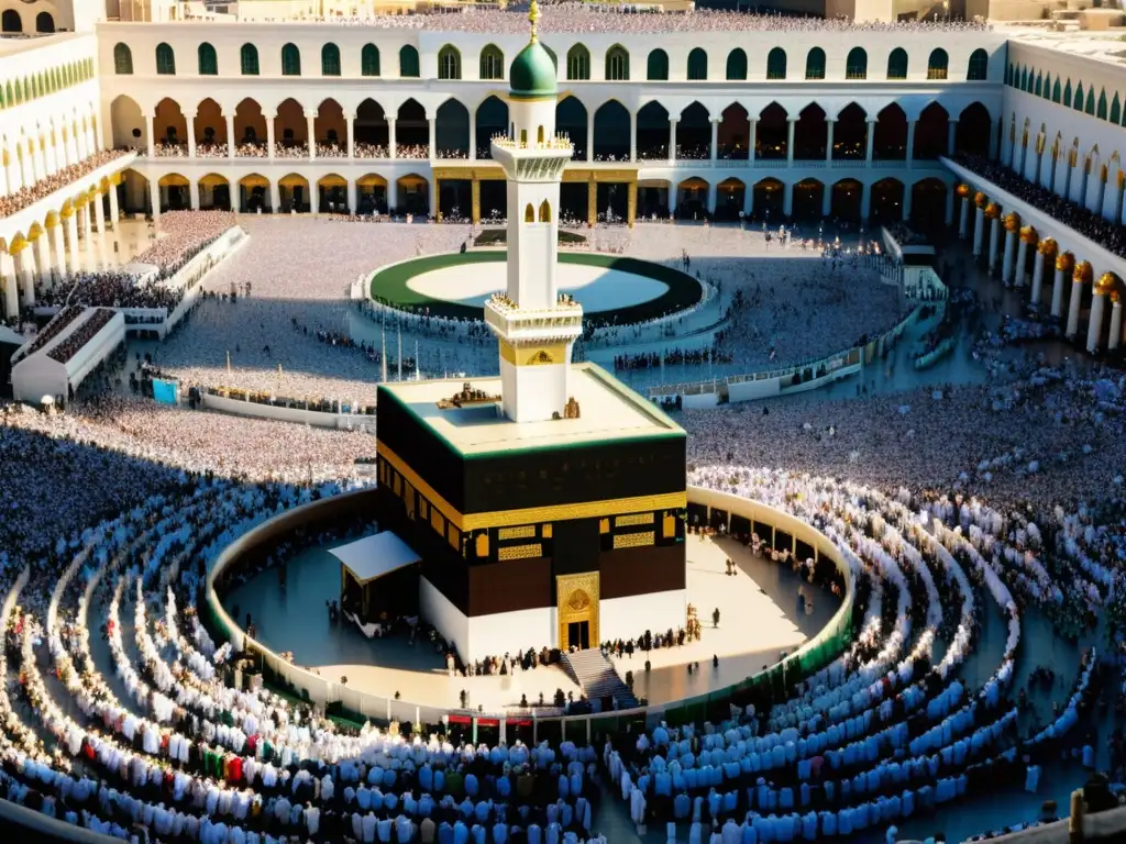 La majestuosa Masjid alHaram en La Meca durante el Hajj, con peregrinos y paisajes circundantes