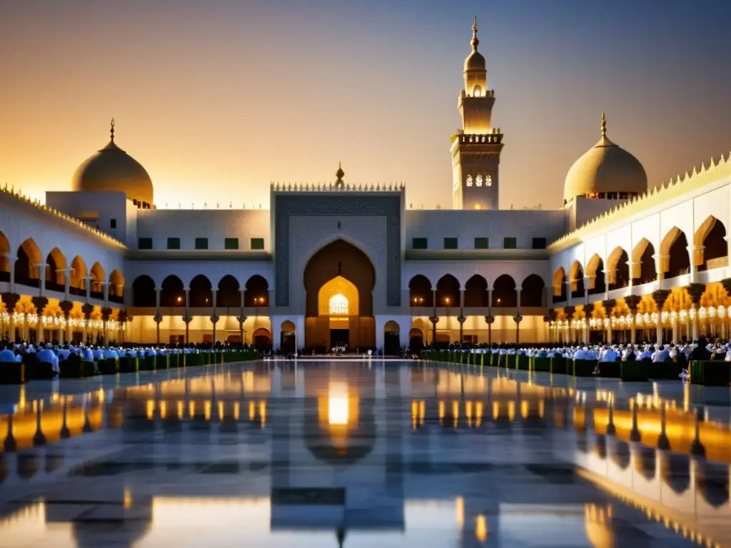 La majestuosa mezquita Al-Masjid al-Haram en La Meca, bañada por la luz dorada del atardecer