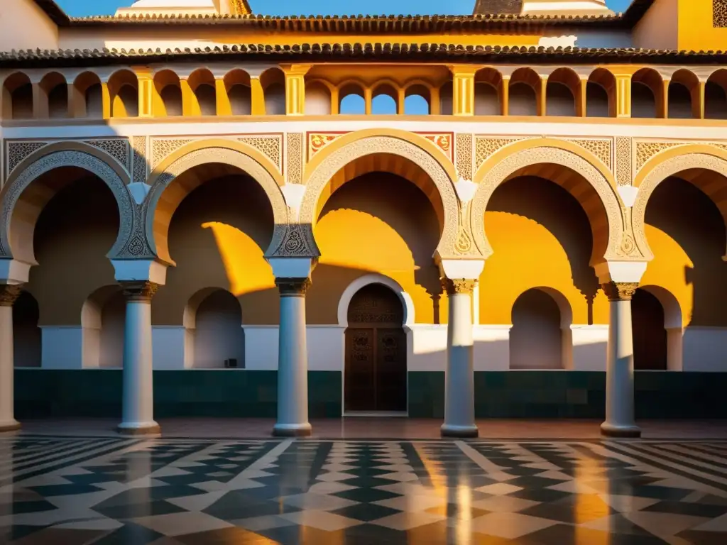 La majestuosa Mezquita de Córdoba al atardecer, con sus arcos y patrones geométricos, irradia la difusión del Islam a través de los califas