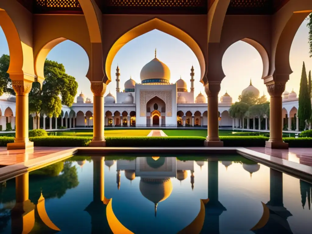 Majestuosa mezquita al atardecer, con detalles arquitectónicos, luz dorada y ambiente sereno