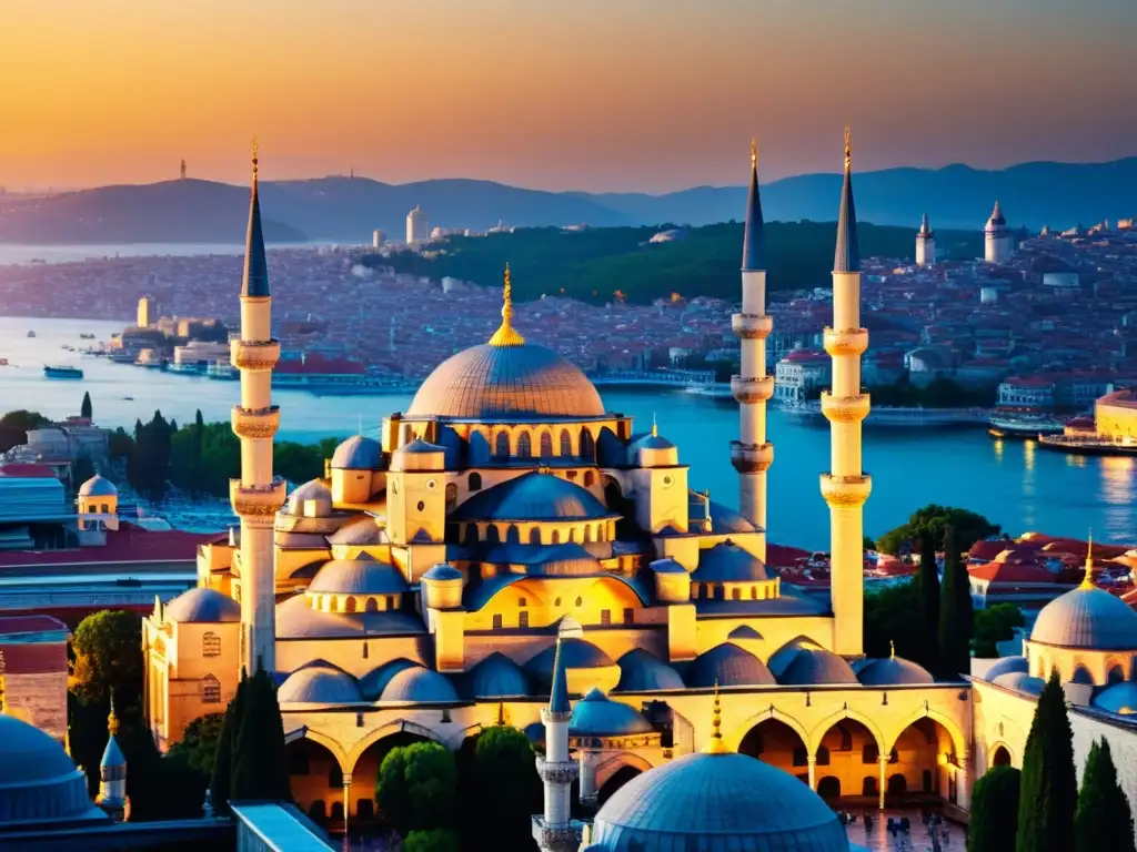 La majestuosa Mezquita Azul al atardecer, reflejando la riqueza cultural del Islam en Asia con sus detalles arquitectónicos y la vida en su patio