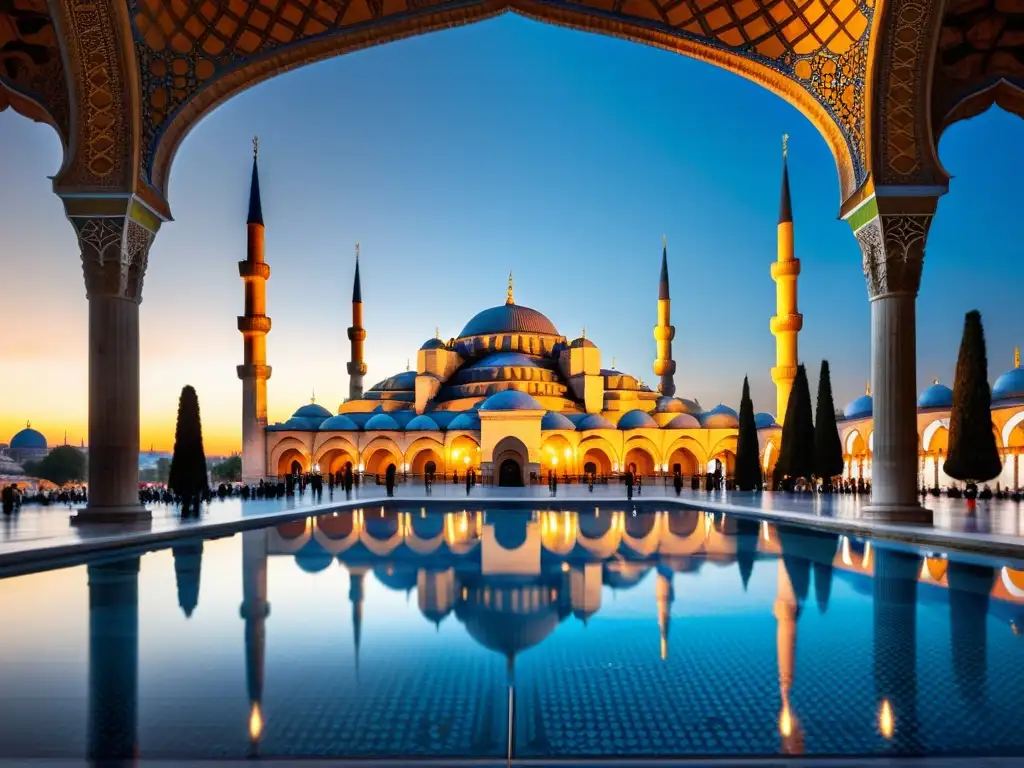 La majestuosa Mezquita Azul en Estambul al atardecer, reflejada en una fuente, iluminada por el sol