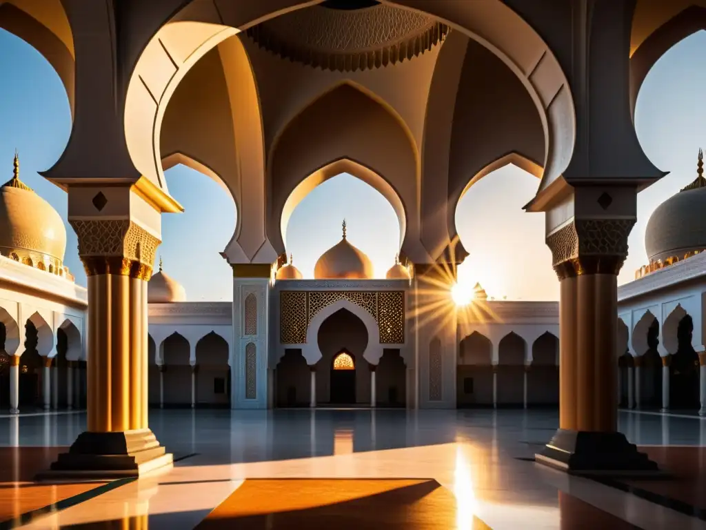 Una majestuosa mezquita bañada en cálida luz dorada, con intrincados detalles arquitectónicos y caligrafía, evocando historias de poder y fe islámica