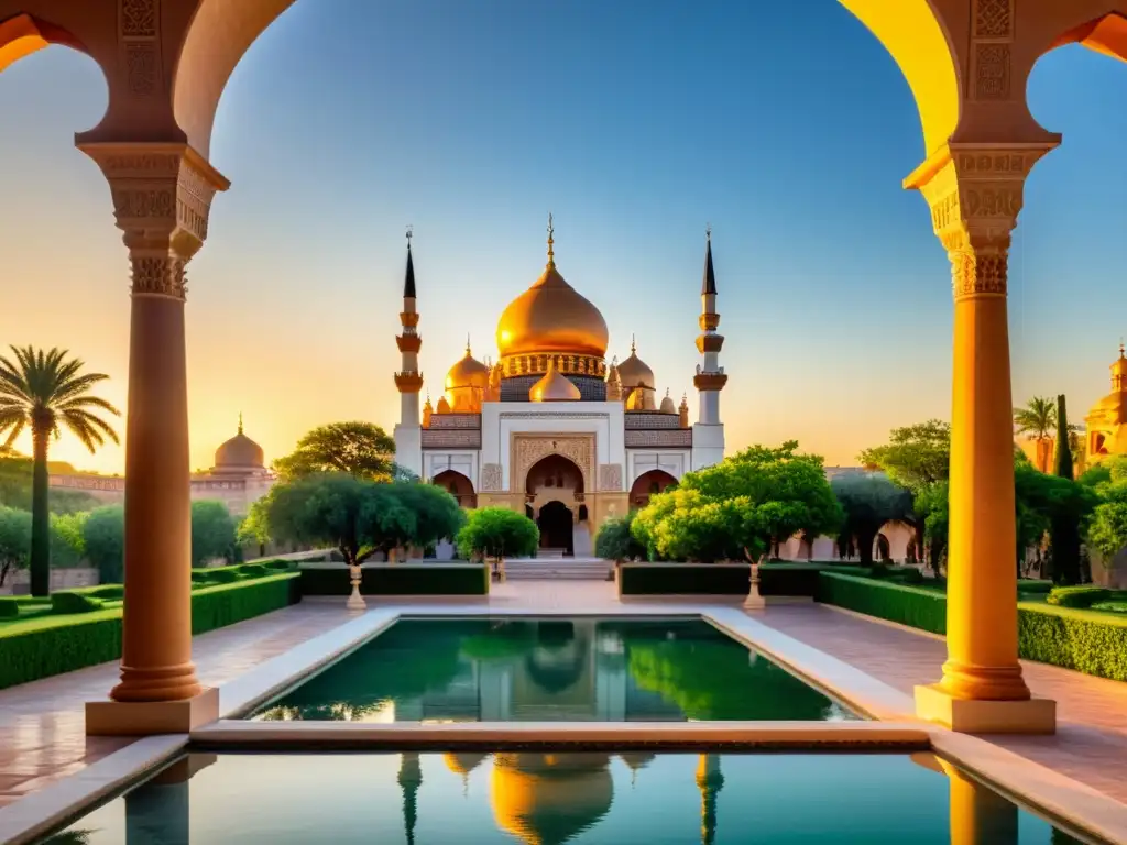 Majestuosa Mezquita de Corazón Chechenia, bañada por el cálido resplandor dorado del atardecer, revelando su misterio y encanto