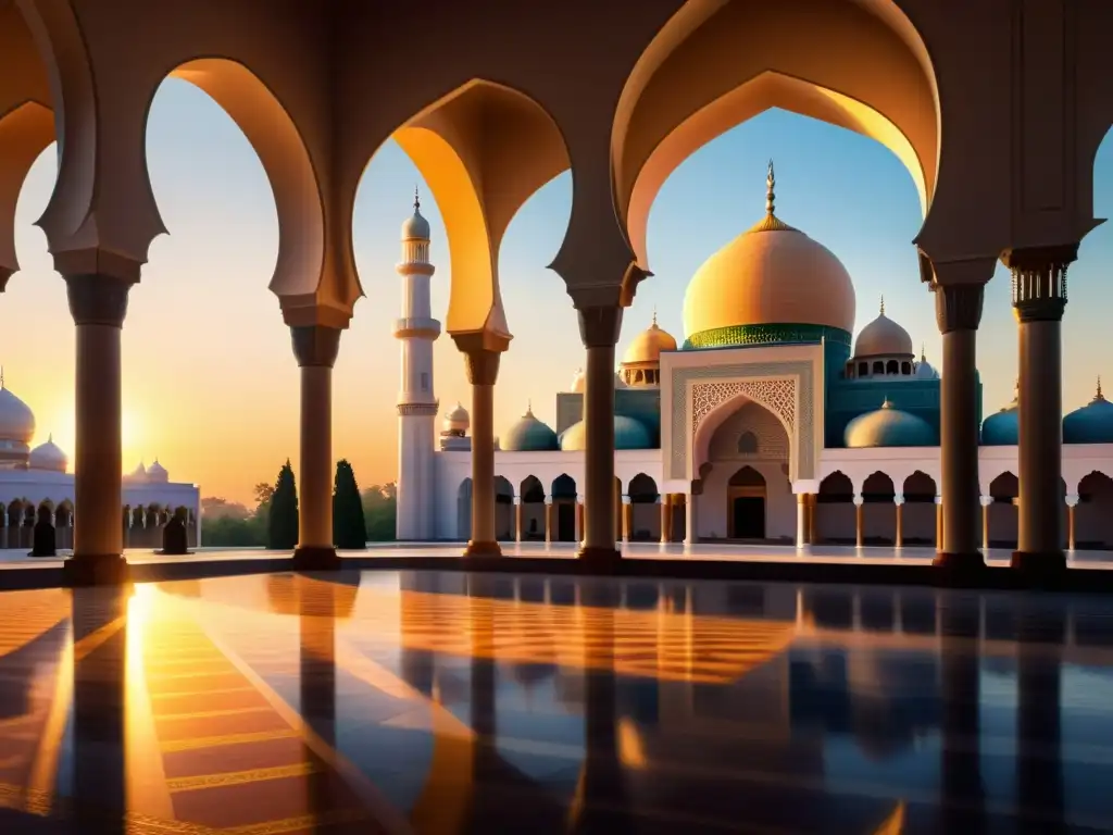 Una majestuosa mezquita bañada en el cálido resplandor dorado del atardecer, evocando metáforas espirituales de la luz