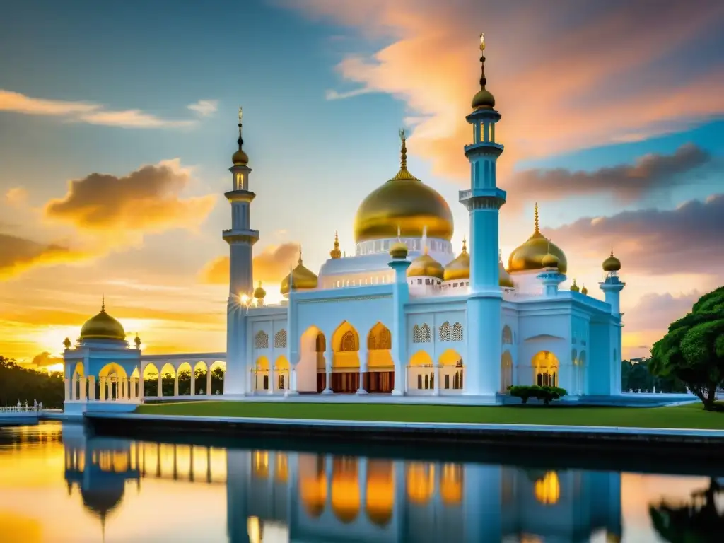 La majestuosa Mezquita Sultan Omar Ali Saifuddien en Brunei, con sus cúpulas de mármol blanco y minaretes destacándose contra un atardecer vívido