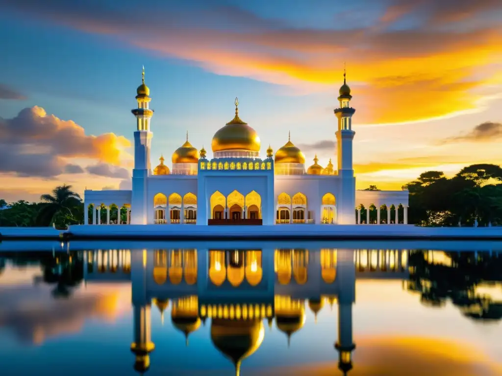 La majestuosa mezquita Sultan Omar Ali Saifuddien en Brunei, reflejada en el agua serena, bajo un cielo de atardecer vibrante