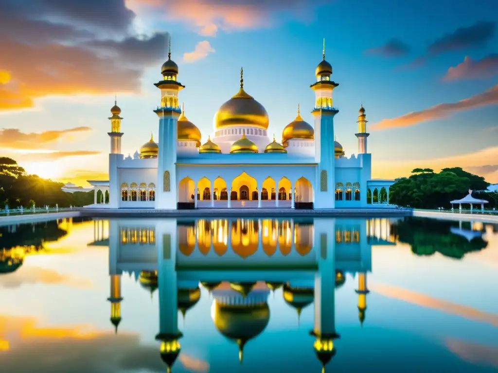 La majestuosa Mezquita Sultan Omar Ali Saifuddin en Brunei, se eleva sobre un vibrante atardecer, reflejando su belleza en la laguna