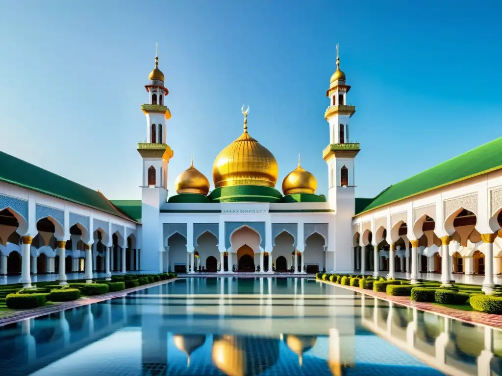 La majestuosa Mezquita de Riau, con detalles arquitectónicos impresionantes y colores vibrantes, rodeada de exuberante vegetación y cielos azules