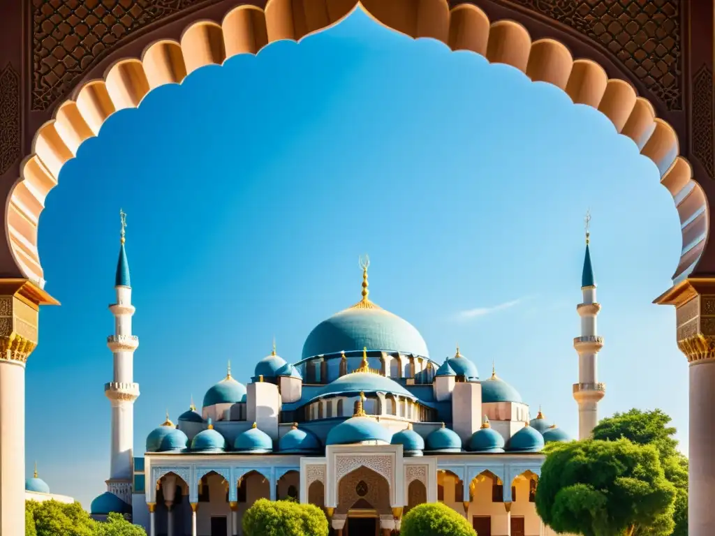 Una majestuosa mezquita con detalles arquitectónicos intrincados y colores vibrantes, bajo un cielo azul