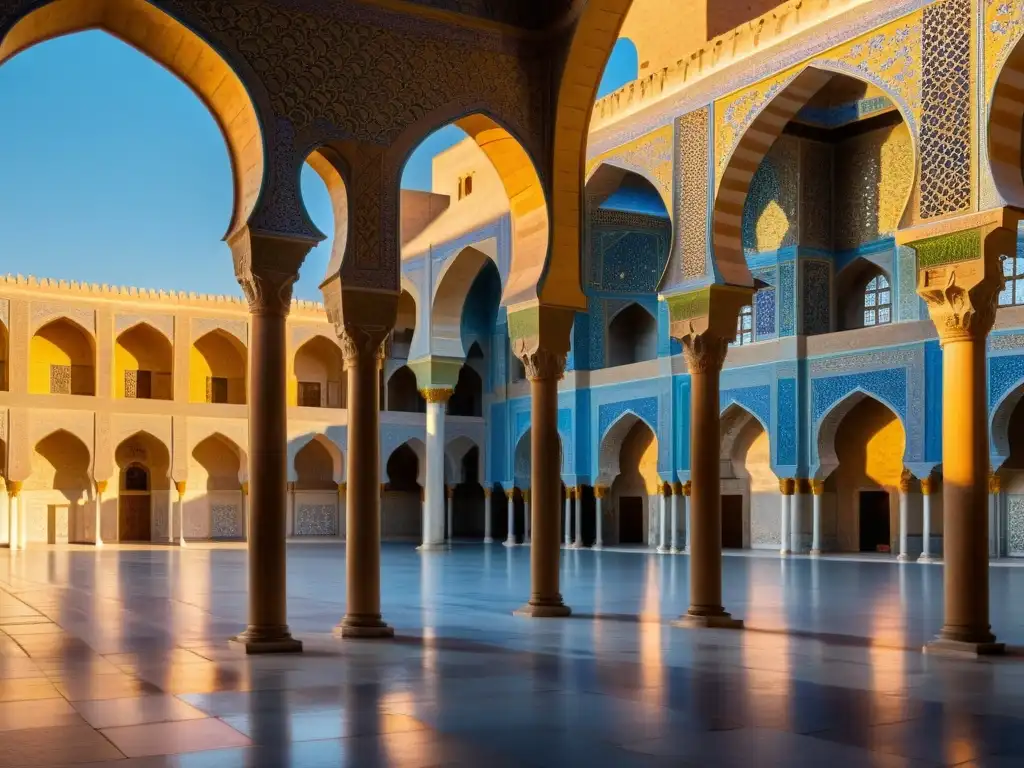 La majestuosa Mezquita del Gran Búyidas, amos chiítas de Bagdad, con azulejos detallados, minaretes imponentes y una bulliciosa multitud al atardecer