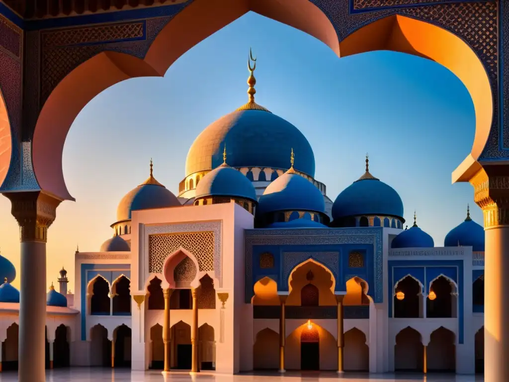 Una majestuosa mezquita histórica al atardecer, con patrones geométricos islámicos y una sensación de tranquilidad