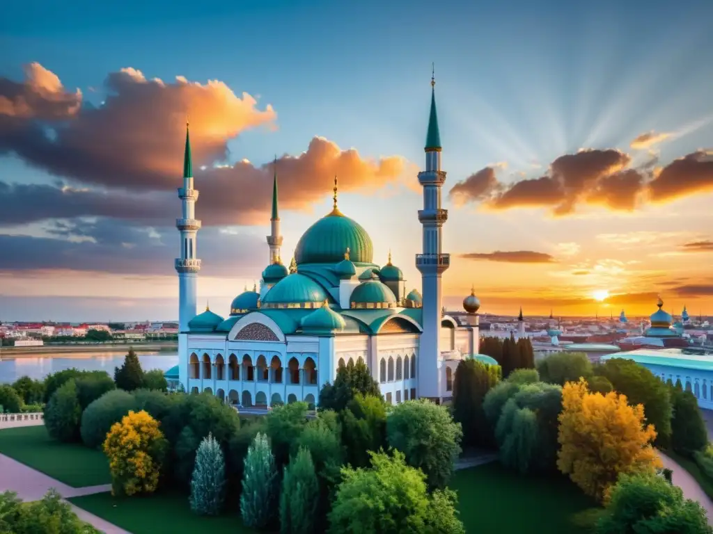 Majestuosa mezquita Qolşärif en Kazan, Rusia, reflejada en un vibrante atardecer