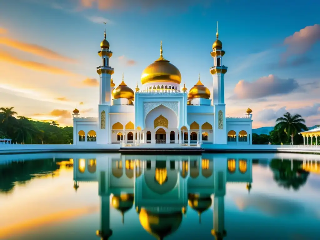 La majestuosa mezquita Sultan Omar Ali Saifuddin en Brunei, con reflejo en el lago