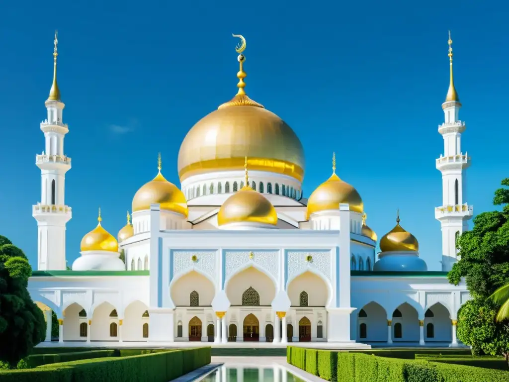 La majestuosa Mezquita Sultan Omar Ali Saifuddien de Brunei, reflejando la historia del islam en Brunei con su cúpula dorada y detalles arquitectónicos, frente a un paisaje sereno de exuberante vegetación y cielo azul