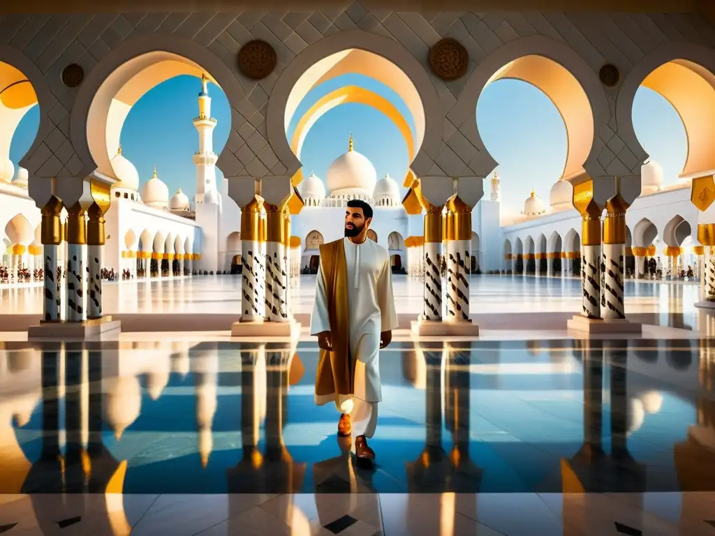 La majestuosa Mezquita Sheikh Zayed en Abu Dhabi, con detalles de mármol, oro y sombras del sol, muestra la riqueza cultural del Islam en Asia