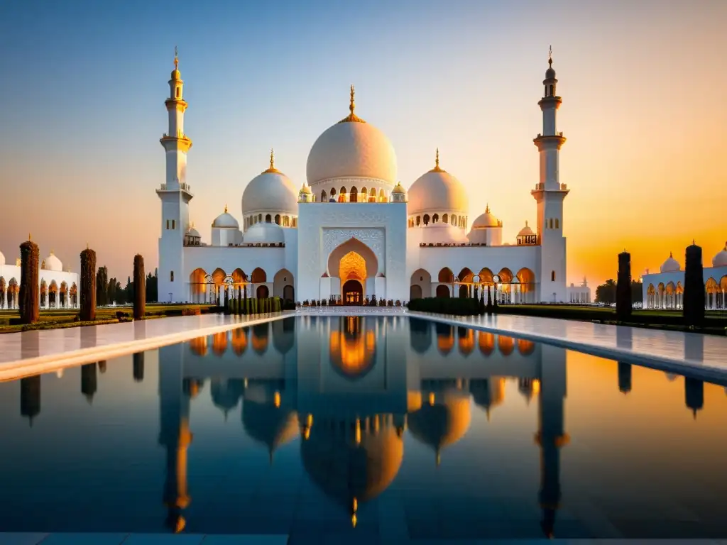 La majestuosa Mezquita Sheikh Zayed en Dubai reflejada en el agua al atardecer, capturando la tradición y modernidad de las mezquitas de Dubái