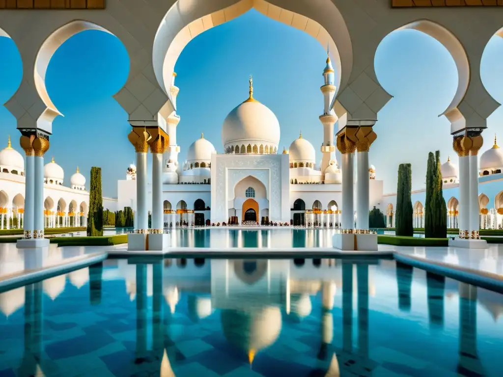 La majestuosa Mezquita Sheikh Zayed en Abu Dabi reflejada en aguas cristalinas, destacando la identidad cultural de los países islámicos