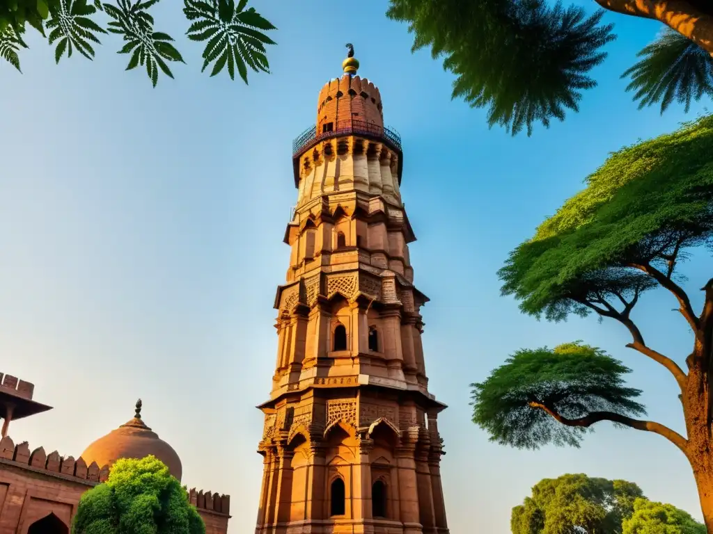 La majestuosa Qutub Minar en Delhi, India, bañada por la cálida luz del sol