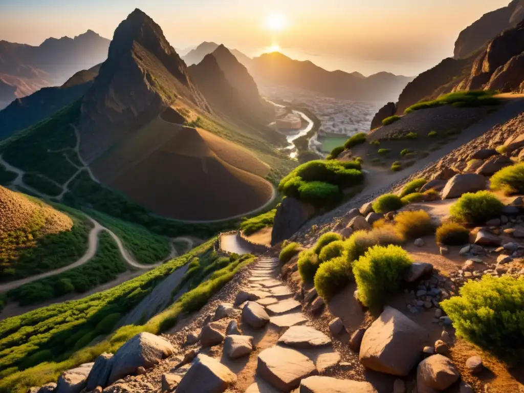 La majestuosa Ruta de Hira historia islámica, con el resplandor dorado del atardecer sobre el terreno rocoso y la cueva parcialmente oculta