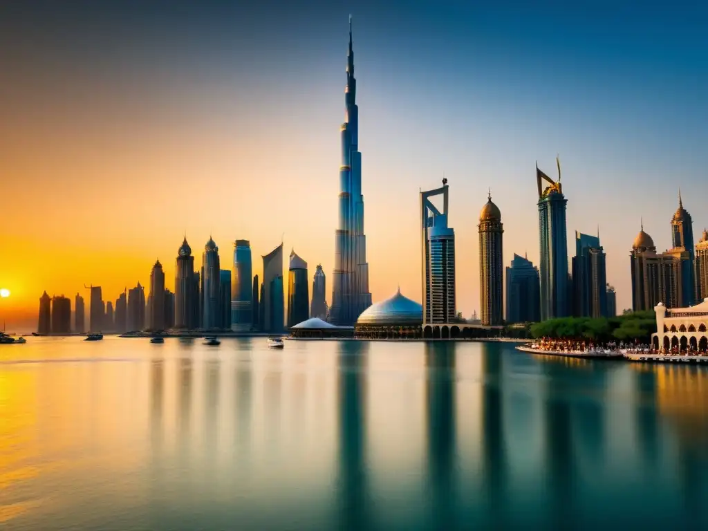 La majestuosa silueta de Dubai al atardecer, con el imponente Burj Khalifa dominando la ciudad, reflejándose en las tranquilas aguas del Dubai Creek