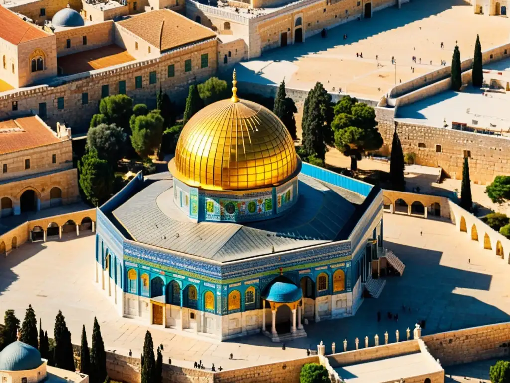 La majestuosidad del Domo de la Roca en Jerusalén, con su cúpula dorada, mosaicos coloridos y el patio circundante bañado por la luz del sol