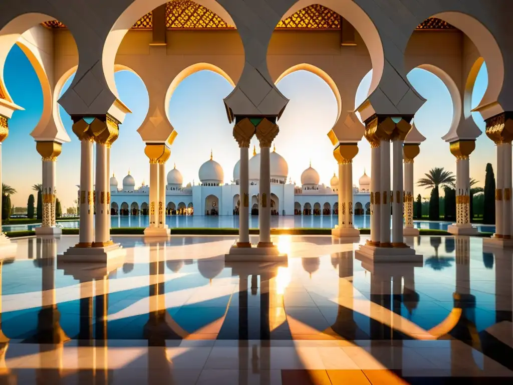 La majestuosidad del interior de la Mezquita Sheikh Zayed al atardecer, con la luz solar bañando los vitrales y creando un juego de luces y sombras