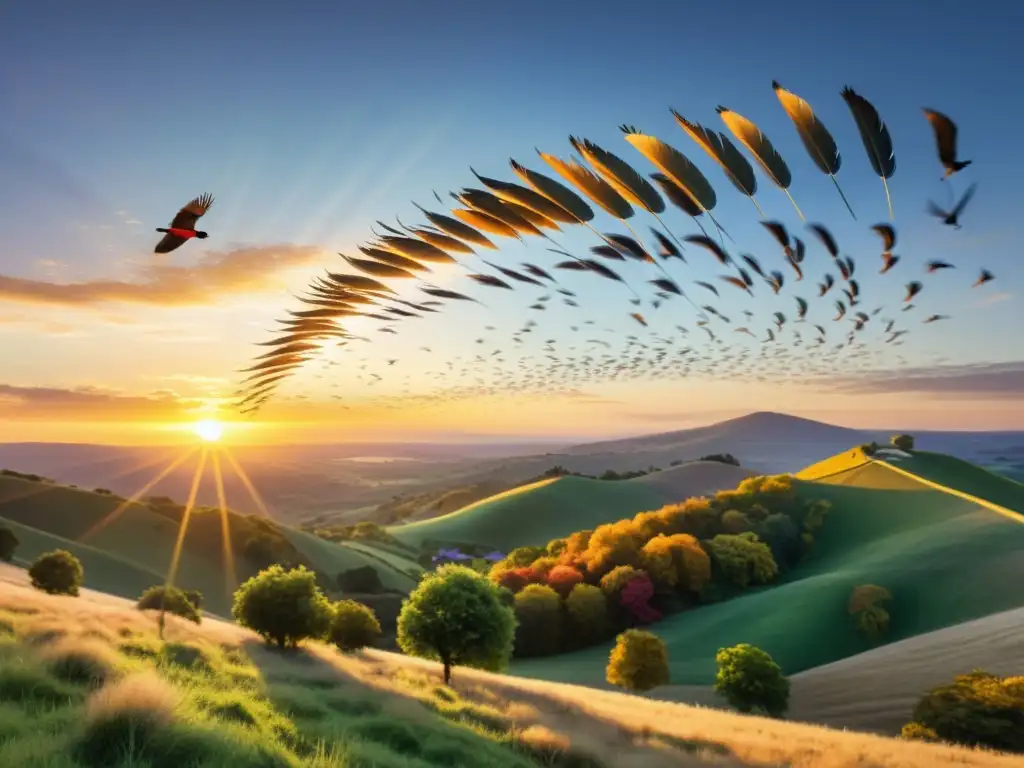 Un majestuoso amanecer captura a un grupo de pájaros coloridos en vuelo