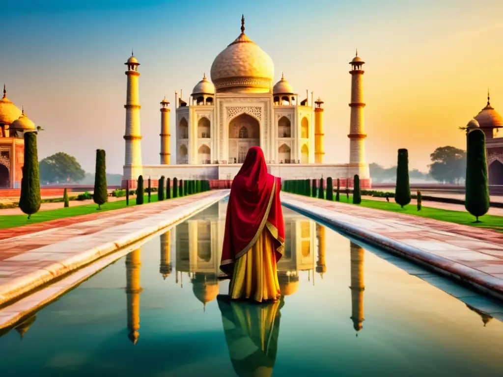 Majestuoso atardecer en el Taj Mahal, reflejado en el agua, capturando la esencia de los mogoles conquistadores del arte islámico