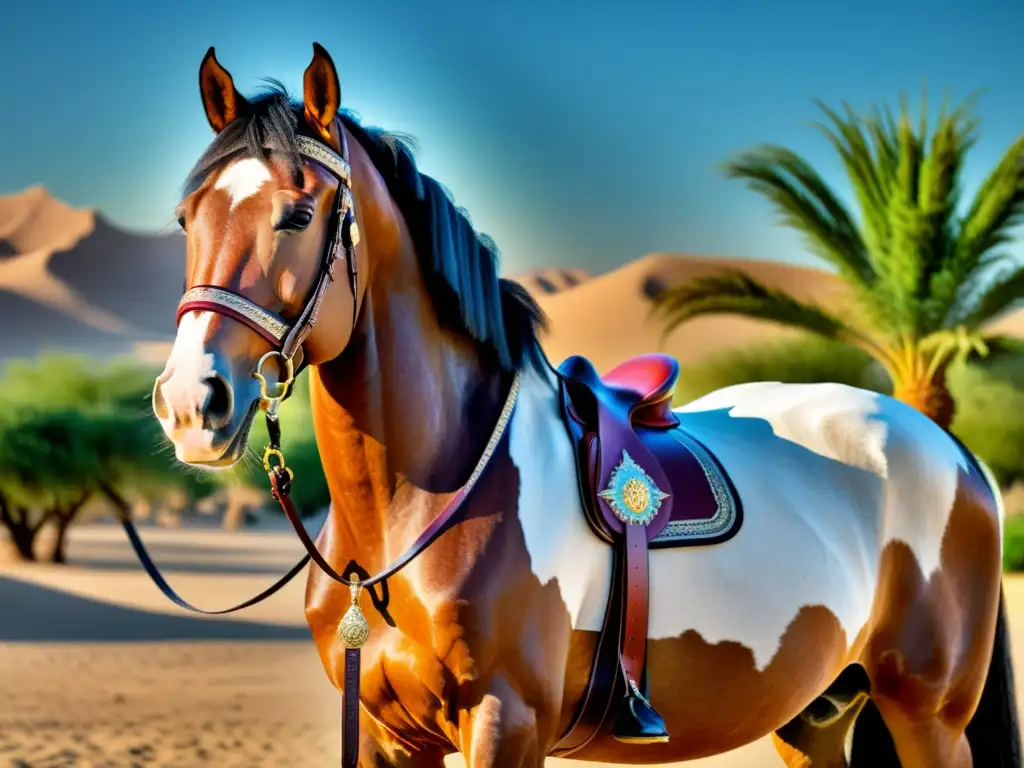 Un majestuoso caballo árabe, ataviado con ornamentos tradicionales, se yergue orgulloso en un oasis del desierto