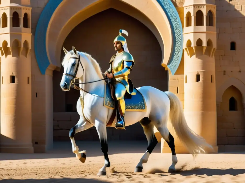 Saladino cabalga un majestuoso caballo árabe, vestido con armadura reluciente y portando un resplandeciente sable