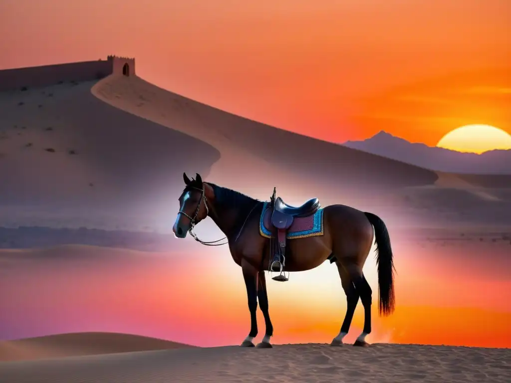 Un majestuoso caballo árabe solitario destaca en un desierto al atardecer, rodeado de un cielo naranja y rosa vibrante