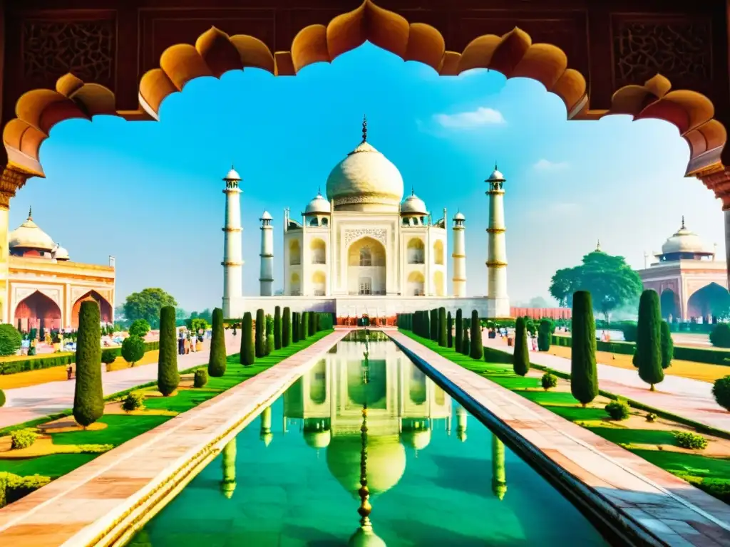 El majestuoso Taj Mahal brilla bajo el cielo azul en Agra, India, reflejándose en aguas calmadas, rodeado de exuberantes jardines y flores vibrantes