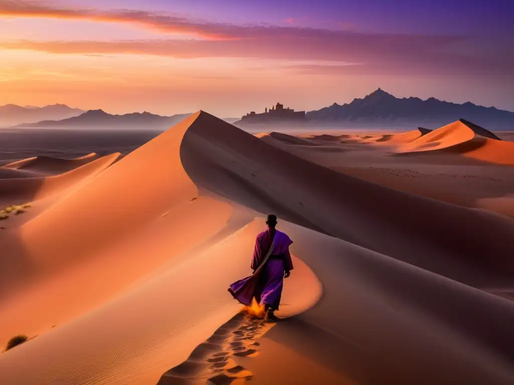 Majestuoso paisaje desértico al atardecer, evocando la serenidad y contemplación de las Obras de Ibn Arabi prosa sufí