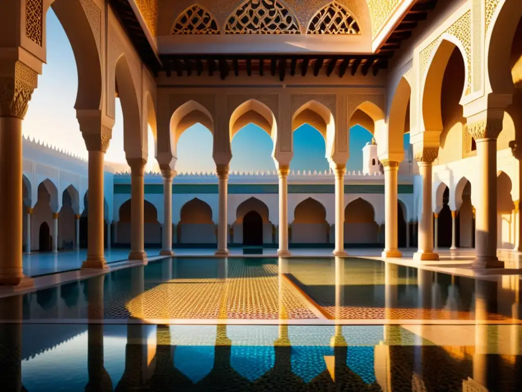 Majestuoso patio de una antigua mezquita islámica, iluminado por la cálida luz dorada del atardecer