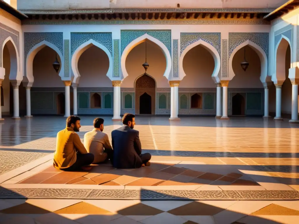 Majestuoso patio de una antigua mezquita al atardecer con músicos y sombras alargadas en el suelo de azulejos