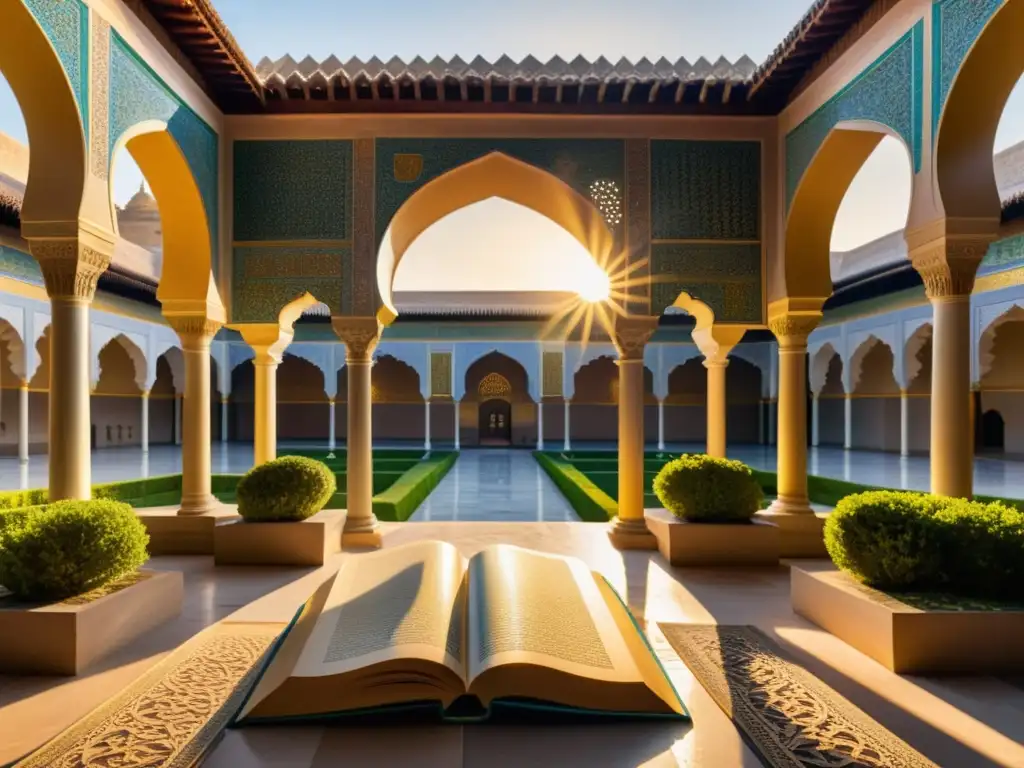 Un majestuoso patio de un antiguo palacio islámico con mosaicos, arcos ornamentados, jardines exuberantes y eruditos rodeados de libros