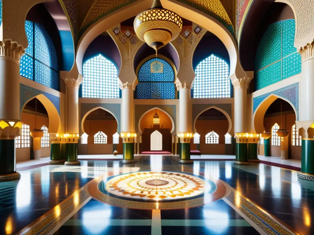 Un majestuoso patio islámico con diplomáticos y patrones geométricos, reflejando la diplomacia en el Islam histórico