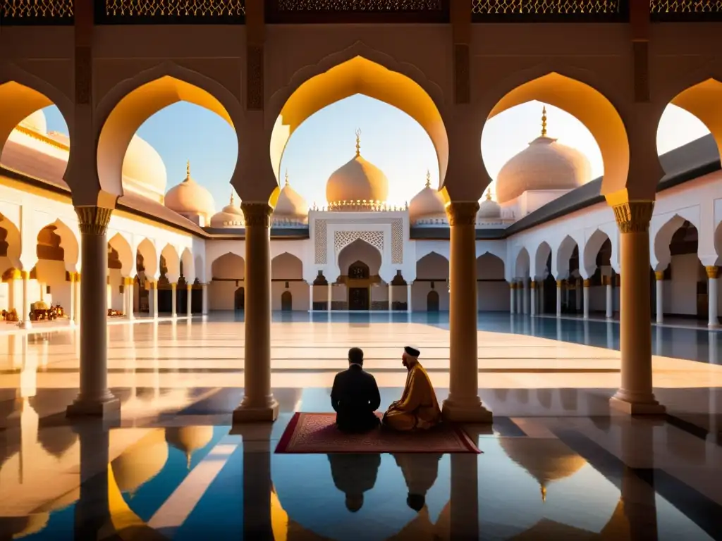 Un majestuoso patio de mezquita iluminado por la suave luz dorada del atardecer