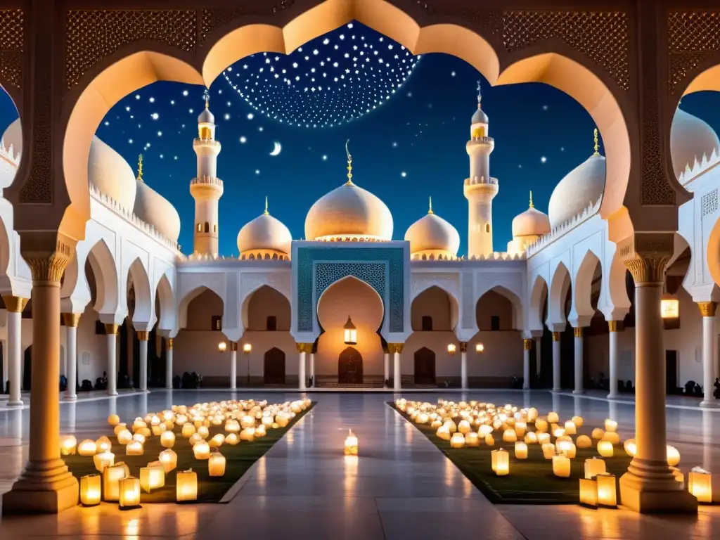 Un majestuoso patio de mezquita iluminado por faroles, con patrones geométricos y un cielo estrellado