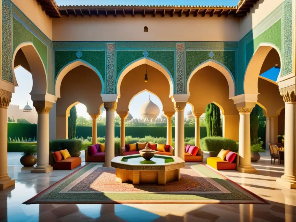 Un majestuoso patio de palacio árabe con exuberante vegetación, mosaicos coloridos y detalles arquitectónicos